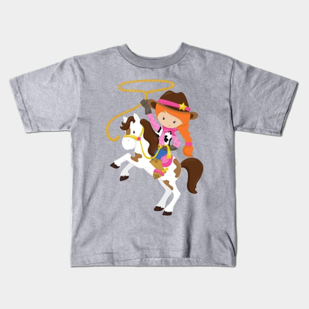 Cowgirl, Sheriff, Horse, Lasso, Orange Hair Kids T-Shirt by Jelena Dunčević